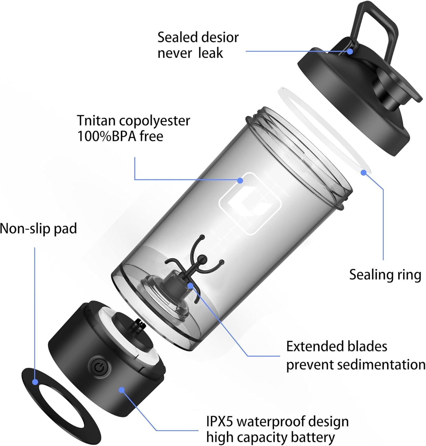 Premium Electric Protein Shaker Bottle, 22 Oz Rechargeable Shake Bottle for Shaking Protein,Made with BPA Free Blender